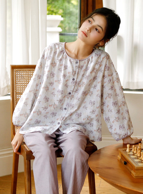 新秋季全棉双层纱布印花睡衣女士撞色宽松波点长裤家居服开衫套装
