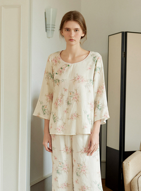 特价清仓竹纤维女睡衣大码七分袖国风圆领斜襟扣双层纱布家居服套