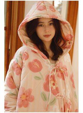 三层夹棉粉色玫瑰花开衫宽松连帽加厚睡袍家居服可外穿女冬季睡衣