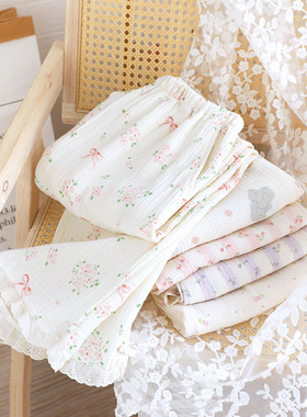 有口袋春秋季女纯棉双层纱布宽松碎花边家居睡裤温馨甜美透气长裤