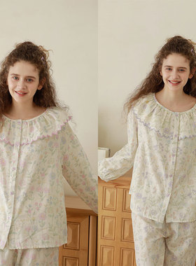 全棉双层纱布荷叶花边领清新碎花长袖女成人甜美温馨秋家居服套装