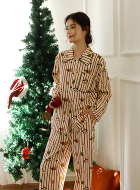 竖条纹全棉磨毛印花女士睡衣冬季卡通狗圣诞树宽松家居服舒适套装