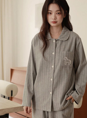 秋冬纯棉磨毛厚棉布高级灰条纹休闲宽松情侣长袖家居服男女睡衣套