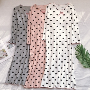 坑条纯棉桃心睡裙女秋冬长袖可爱甜美圆领睡衣家居服宽松过膝长裙