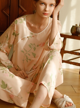 清仓特价古风薄款棉绸柔软贡缎春秋女睡衣中国风圆领长裤家居服套