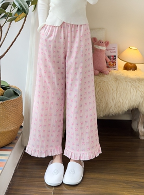 纯棉双层纱布甜美淡粉色阔腿家居睡裤子女宽松带有口袋吸汗透气春