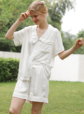 棉绸睡衣短袖短裤开衫女夏季薄款波点家居服欧美简约宽松贡缎套装