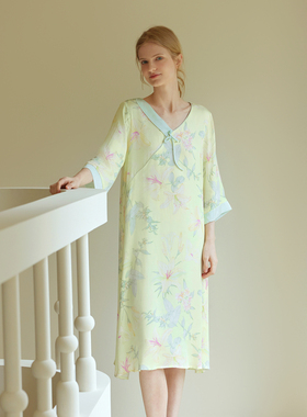 贡缎绵绸睡裙国风盘扣清新绿百合春夏女士V领7分袖薄空调房居家裙