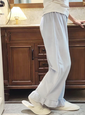 软糯顺滑双面天鹅丝绒长睡裤女秋冬季荷叶花边纯色家居服甜美外穿