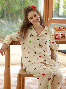 秋冬季新全棉磨毛睡衣卡通印花温馨甜美女宽松休闲长袖家居服套装