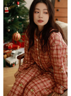 春节冬红色木马格子三层夹棉女士无领加厚卡通开衫宽松家居服套装