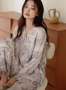 26年春天新品女四季人棉贡缎亲肤透气开衫长袖长裤睡衣套装家居服