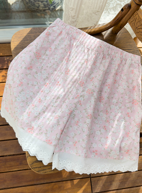 纯棉布碎花女睡裤夏季可外穿甜美蕾丝边居家休闲印花中腰短家居裤