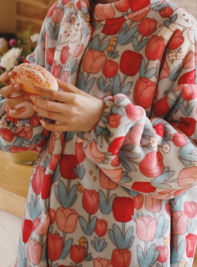 特价女生冬天加绒加厚双层法兰绒可爱立领开衫保暖睡衣家居服套装