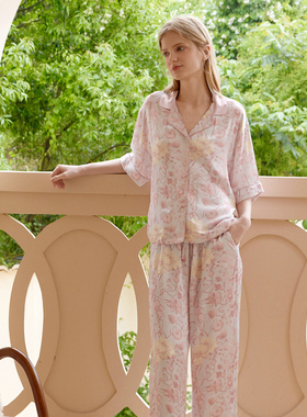 人棉贡缎开衫睡衣春夏小翻领满印碎花短袖女士休闲家居服薄款套装