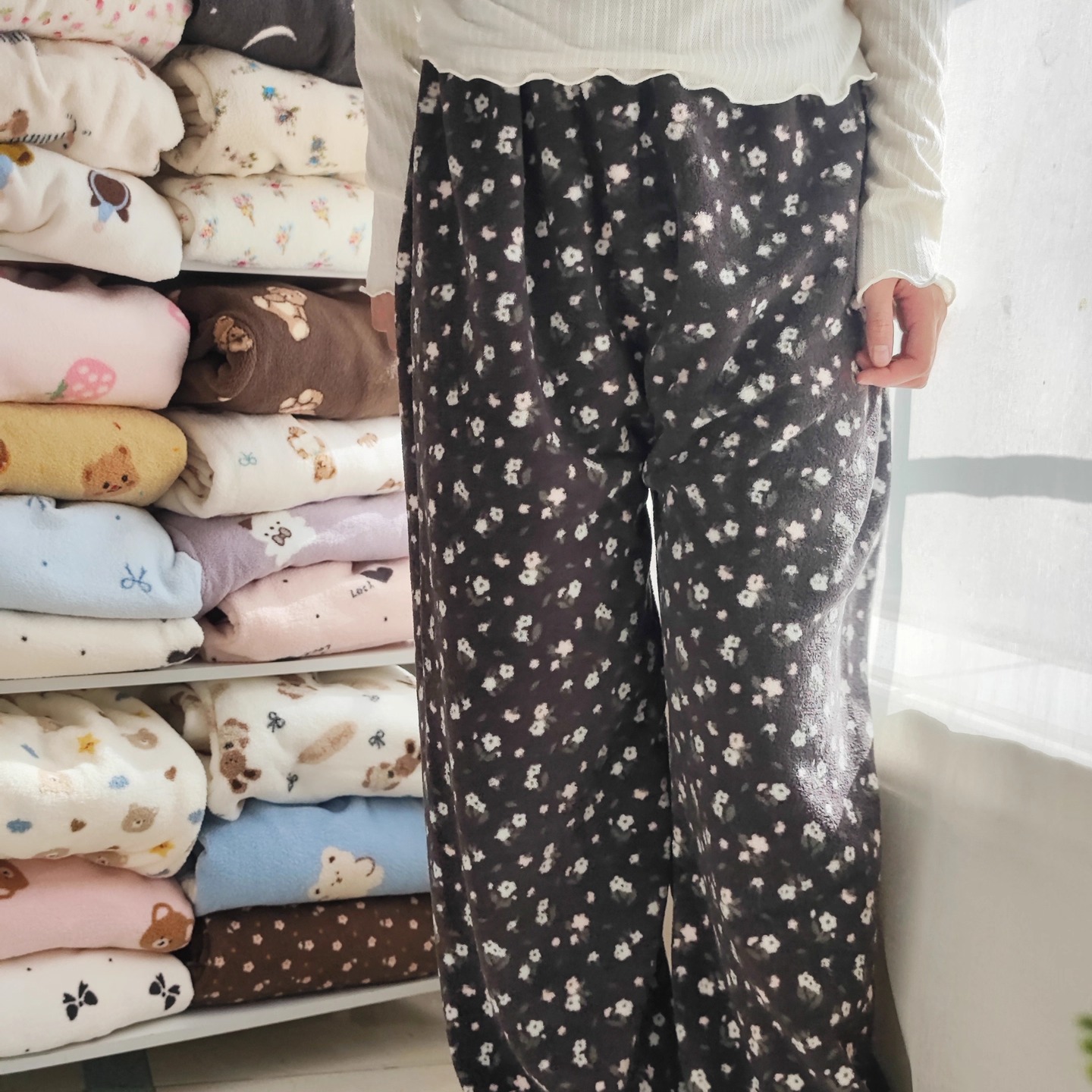 冬小碎花米粒珊瑚绒加厚睡裤子女