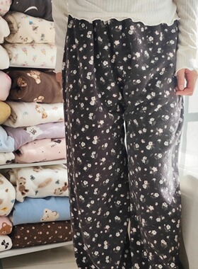 小碎花田园温馨秋冬加厚米粒珊瑚绒女宽松大暖和睡裤休闲家居裤子