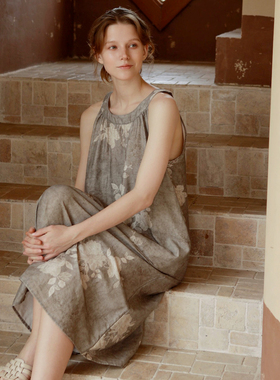 国风全棉印花双层纱布睡裙简约无袖口袋过膝古典优雅外穿女夏裙子