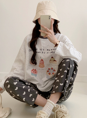 秋季女士睡衣圆领纯棉爱心蛋糕长袖长裤家居服休闲可外穿舒适套装