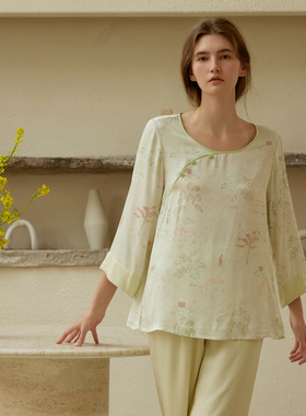 特价清仓贡缎绵绸薄款睡衣春夏季女古风长袖套装宽松新中式家居服