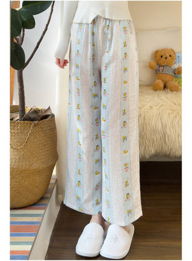 卡通萌物双层纱布薄款睡裤四季中腰百搭居家女士减龄直筒格子长裤