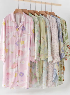 棉绸白色衬衫睡裙女春秋轻薄简约家居服性感长袖开衫中长款空调房