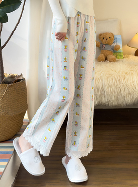 甜美女棉纱布舒适睡裤春季卡通格子可外穿居家纯棉松紧蕾丝边长裤