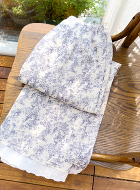 碎花纱布少女花边睡裤国风夏季卡通小熊中腰休闲家居睡衣纯棉长裤