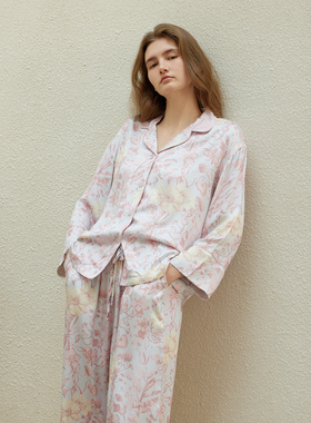 春夏小翻领长袖长裤薄款套装女士人棉贡缎休闲睡衣宽松印花家居服