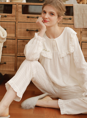 复古花边仙女生睡衣套装春秋长袖纯棉提花公主宽松可爱柔软家居服