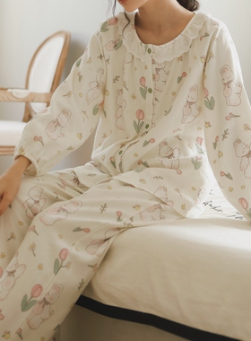 春秋季纯棉磨毛绒布清新甜美女生长袖睡衣花边圆领印花家居服套装