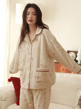 2026新品冬季三层夹棉女翻领加厚可爱卡通开衫宽松保暖家居服套装