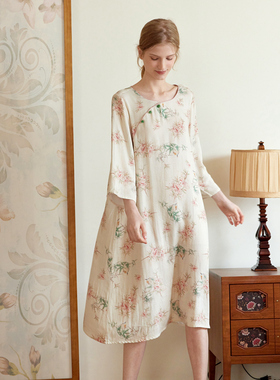 女士春夏七分袖睡裙竹棉双层纱布修身显瘦复古风圆领珠扣居家裙子