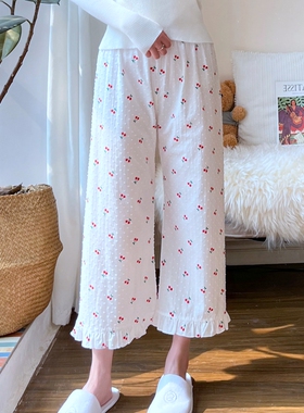 春秋纯棉纱布宽松日系休闲九分睡裤甜美女生显瘦百搭荷叶边家居裤