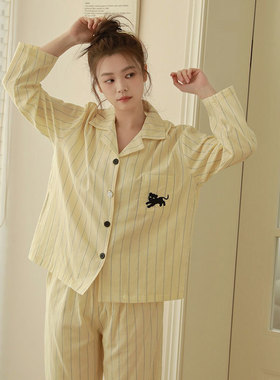 26年春夏款全棉纱布翻领家居服口袋黑猫后背开衫长袖长裤睡衣套装