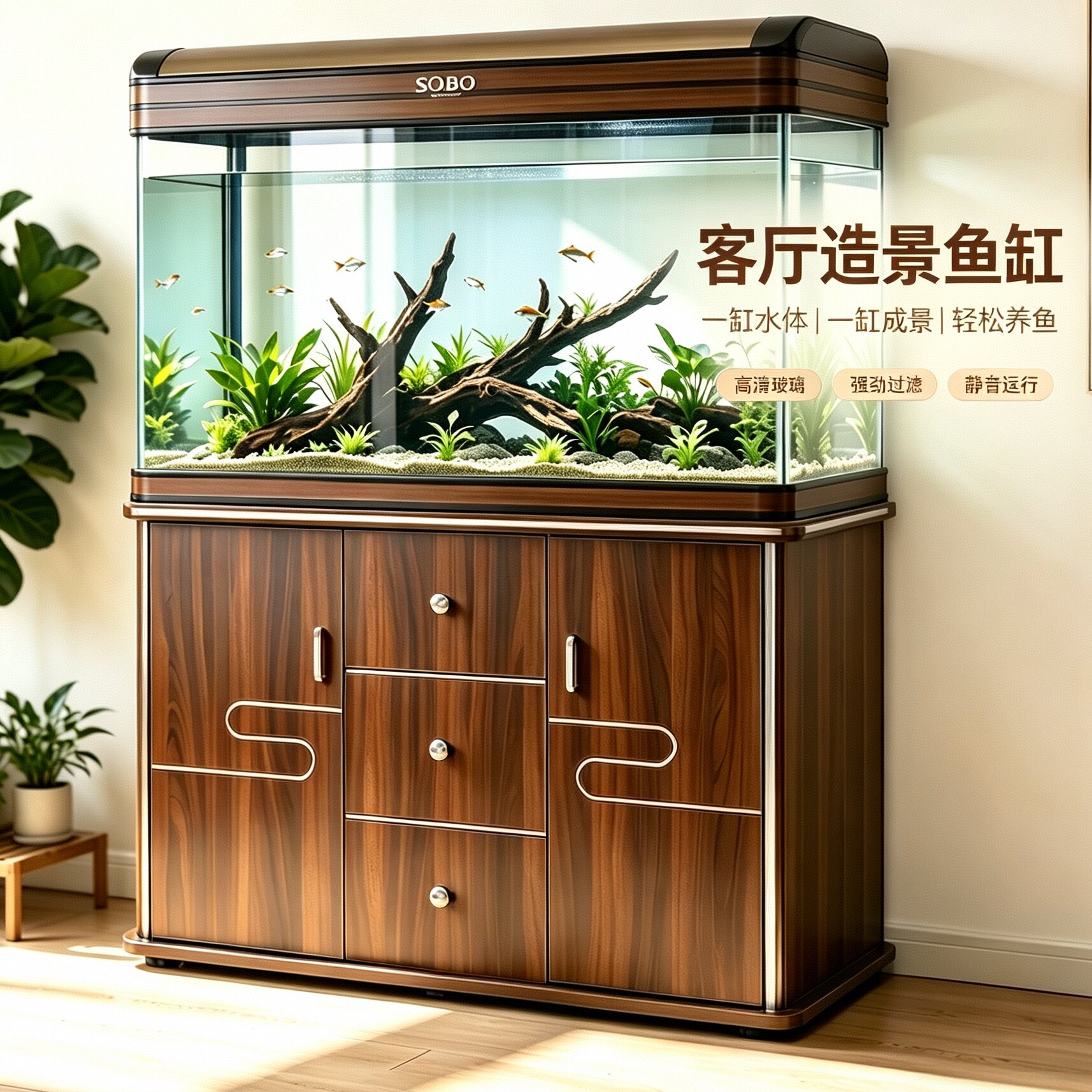 新款60cm/80cm家用客厅鱼缸生态造景免换水玻璃1米中型水族箱带柜