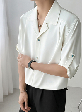 模特图~夏季新品绿松石扣设计翻领冰丝中袖衬衫 Q1080/P55