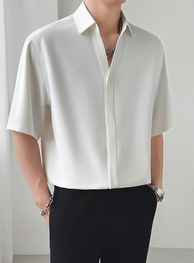 模特图~抖音爆款白泽同款冰丝开领中袖衬衫 Q1096/P48