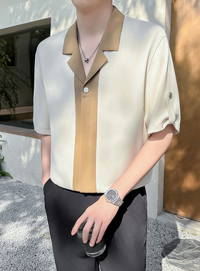 模特图~夏季新品拼色暗扣冰丝古巴领中袖衬衫 Q1004/P58