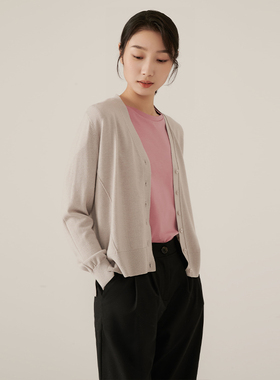 浅秋宽松百搭纯色女士开衫外套长袖v领秋羊毛混纺针织衫7T30301