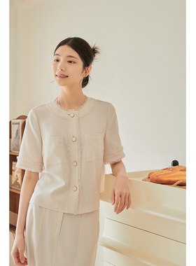 浅秋夏季宽松薄款套装气质圆领小香开衫短外套女2024新款4B41205