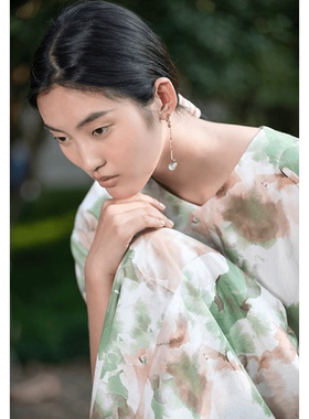 浅秋水墨印花丝棉连衣裙春夏季新品中长款收腰裙子3B21607