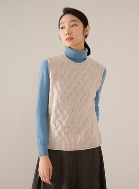 浅秋纯羊毛水波纹肌理圆领套头针织背心马甲秋季新品12T30308
