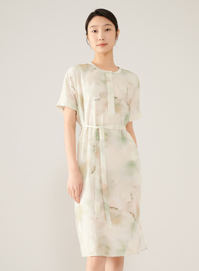 浅秋国风晕染长款宽松直筒气质短袖连衣裙女夏季2024新款5A41618