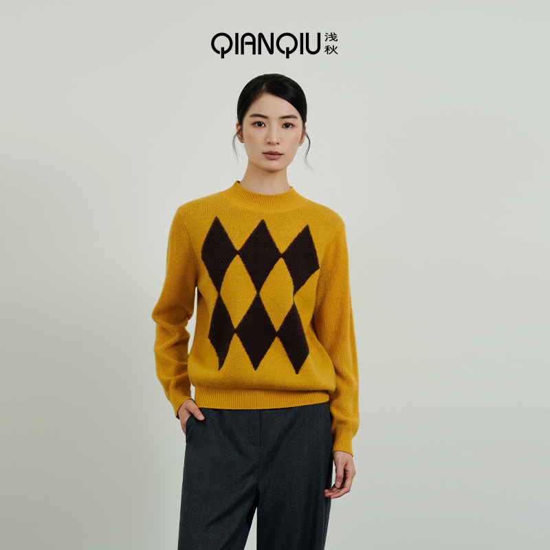 100%绵羊毛菱形格圆领长袖毛衣