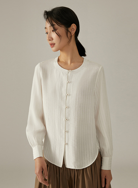 浅秋新中式纯棉白色盘扣文艺宽松圆领条纹衬衫秋季新款4T30900