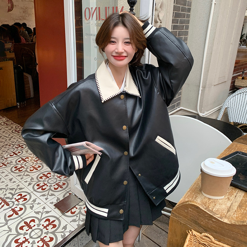 拼接翻领pu皮衣棒球服女2026秋季新款宽松复古撞色休闲夹克外套潮