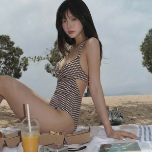 2026新款泳衣女高级感连体游泳衣纯欲小胸聚拢温泉咖色格子