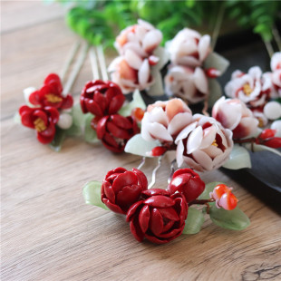 集雅饰品 古典中国红色花簪发梳头饰清仓 古风料器花发簪孤品现货