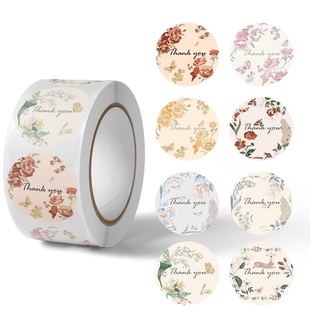 饰封口不干胶感谢标签 圆形贴纸清新花卉卷卷装 500贴 卷谢谢卷装